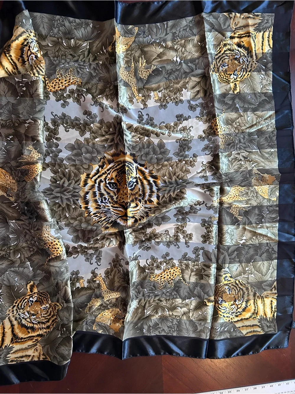 Silk feel Tiger Print Scarf - Olive Green and Gold